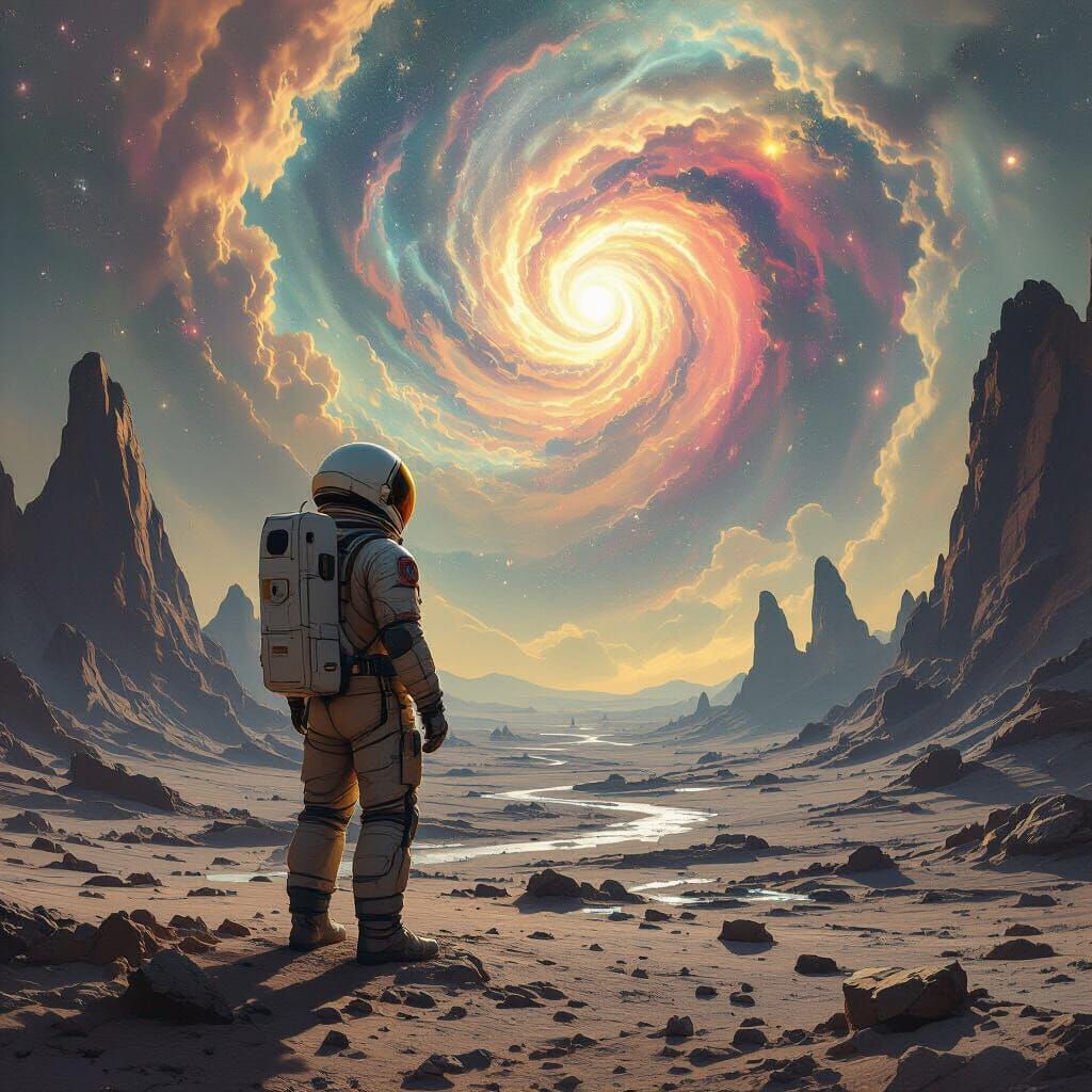Astronaut Gazing at Nebula on Alien Planet