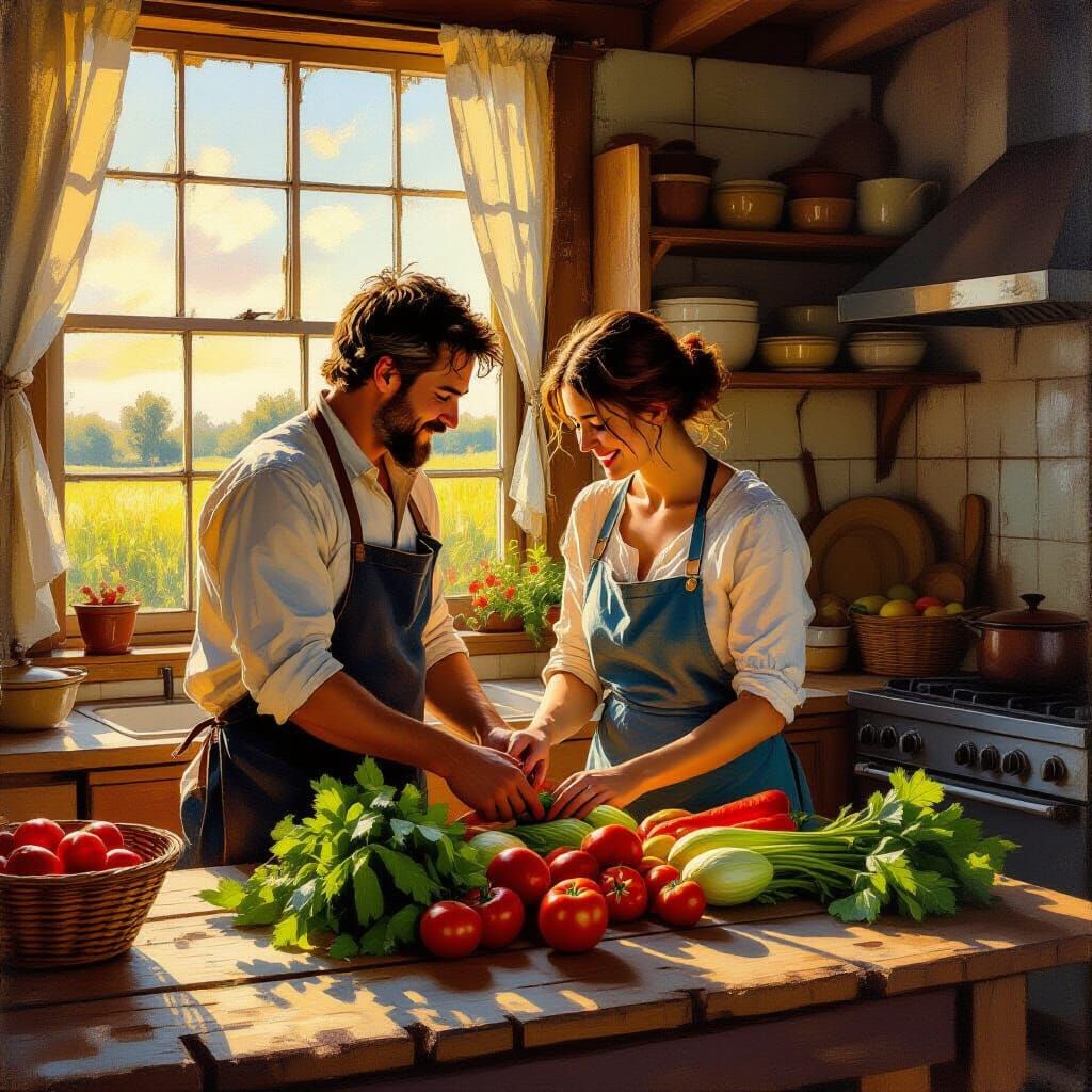 Farmer Couple's Tender Moment in Rustic Kitchen