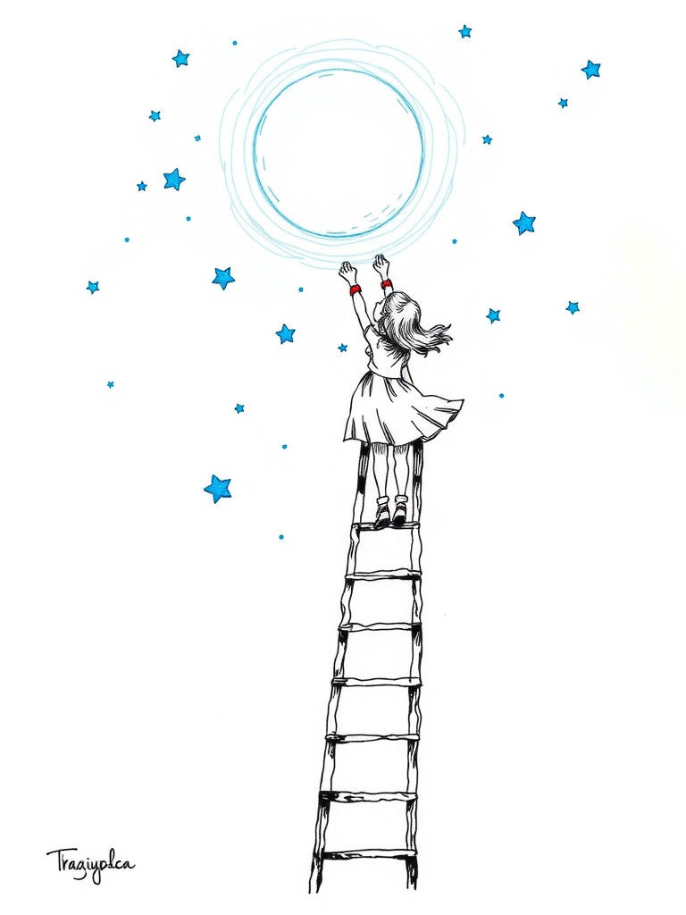 Girl Reaching for Moon in Pen and Ink Sketch