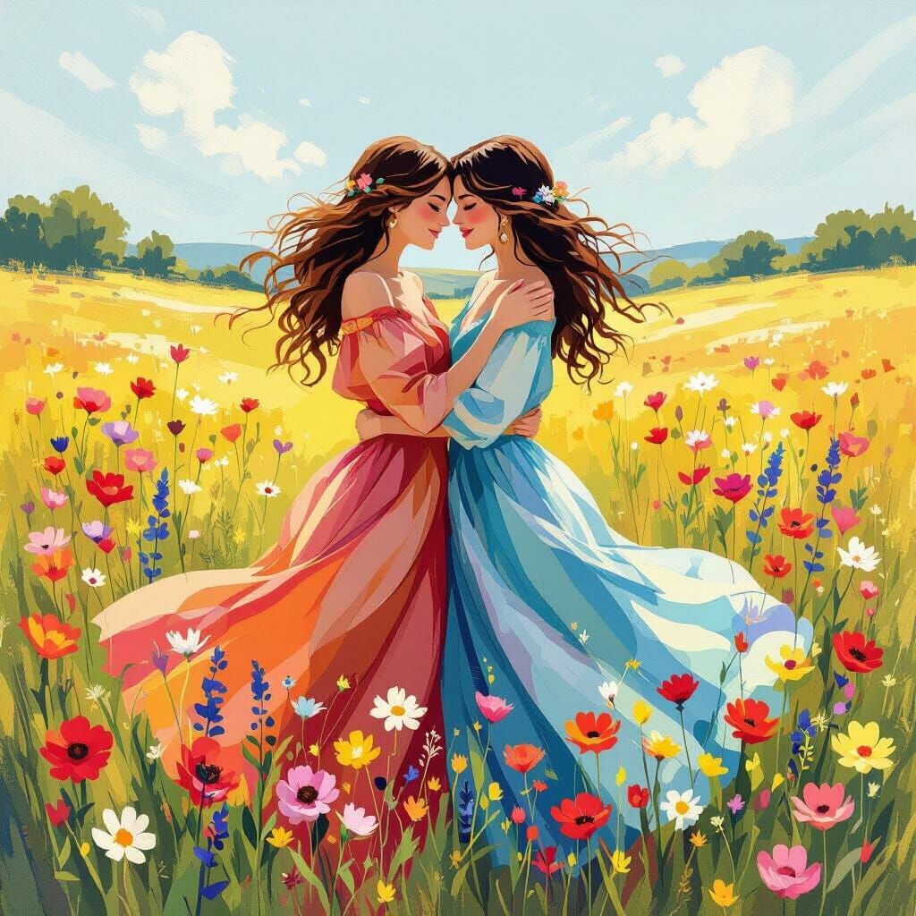 Women Embrace in Sunny Meadow: Impressionistic Style