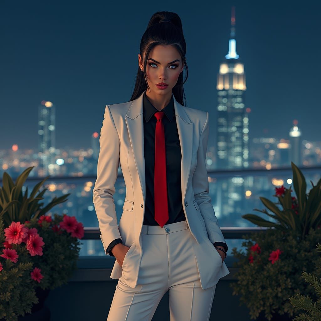 Confident Businesswoman Illuminated by City Lights