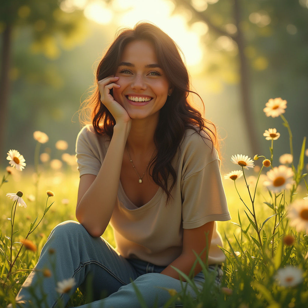 Woman's Joyful Portrait in Nature, Detailed Matte Painting