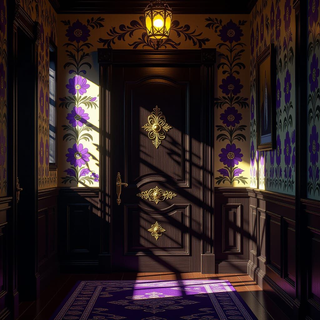 Dark Wood Door with Floral Patterns in Afternoon Light