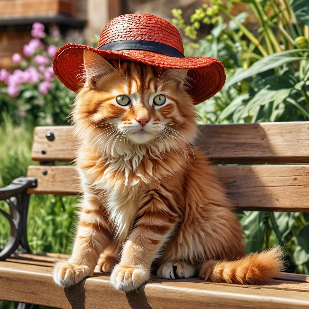 Fluffy Kitten in Straw Hat: Hyperrealistic Garden Scene