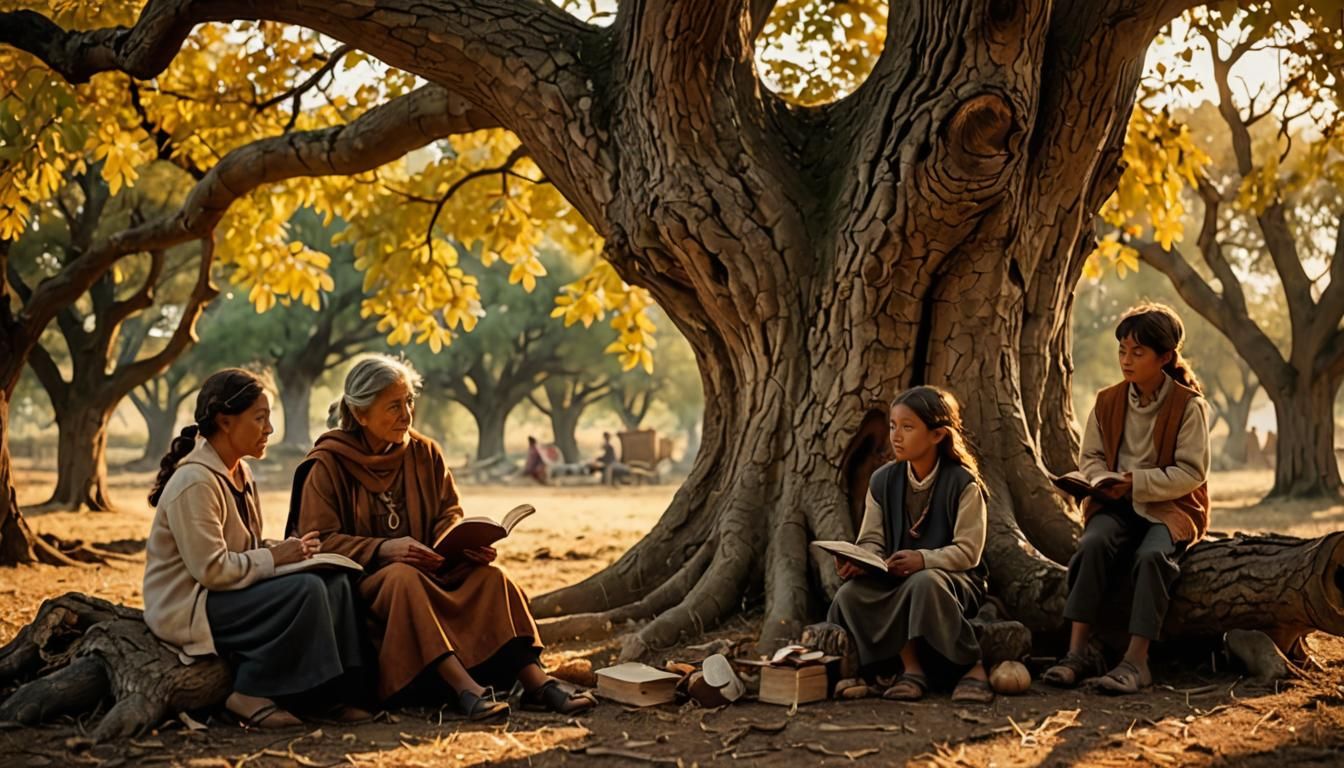 Wise Woman Shares Stories in Folk Art Style