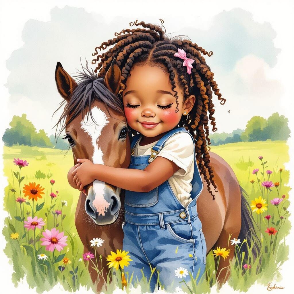 Girl's Affectionate Embrace: Watercolor Horse Farm Scene