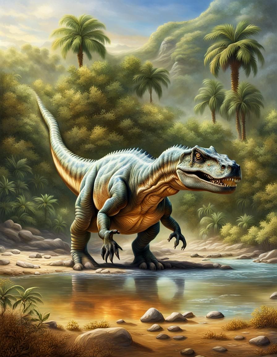 Realistic Acrocanthosaurus in Prehistoric Riverbed: Detailed...