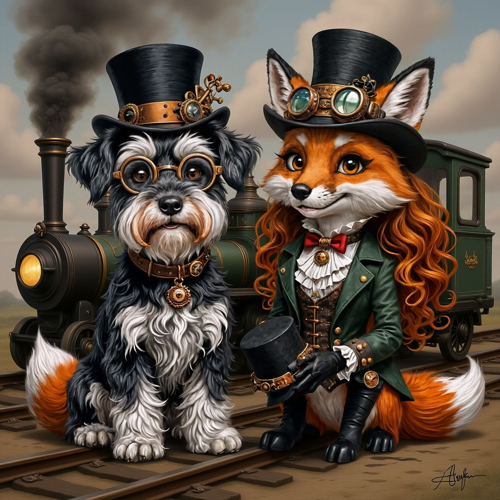 Steampunk Schnauzer and Fox with Steampunk Girl
