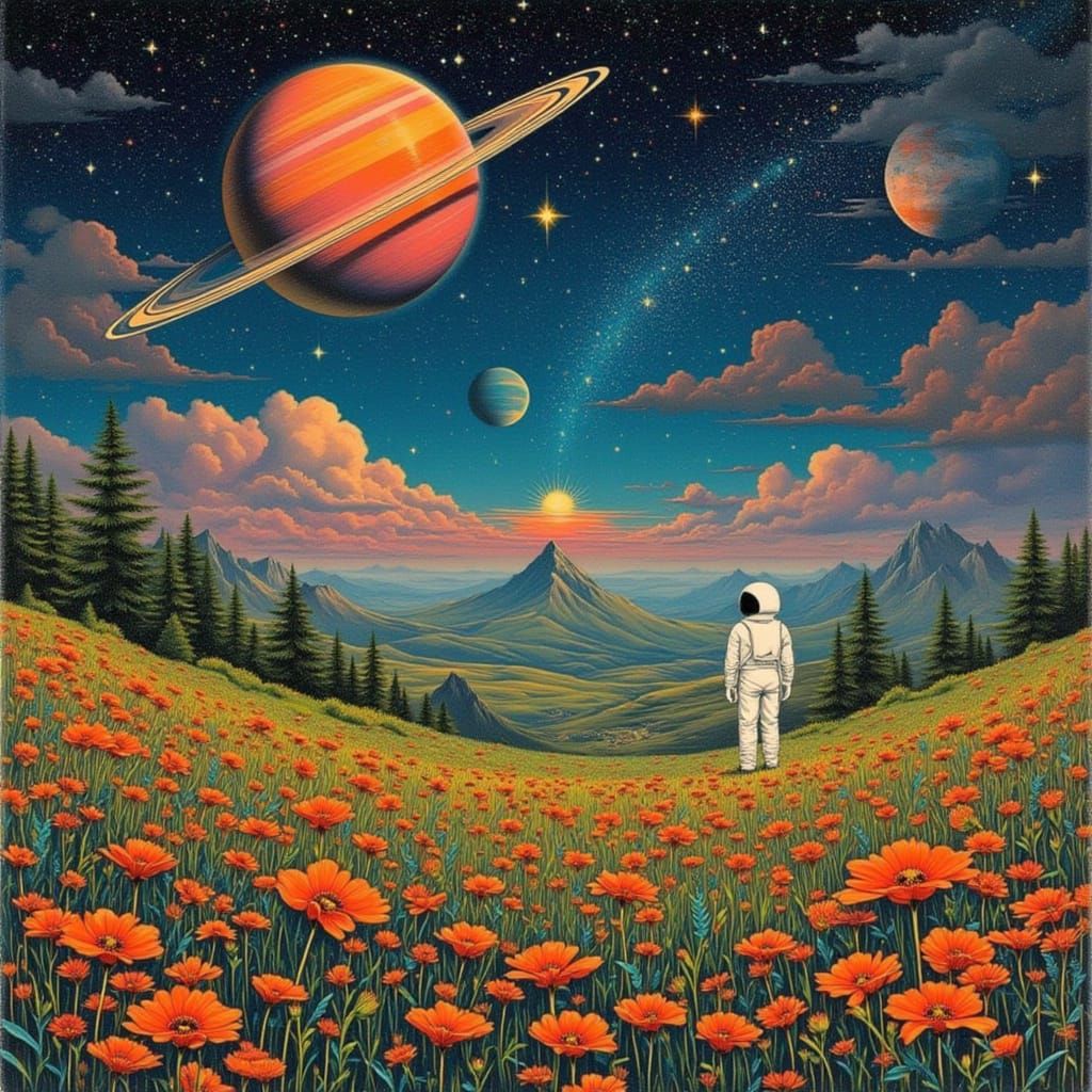 Astronaut in Wildflowers Under Cosmic Saturn Sky