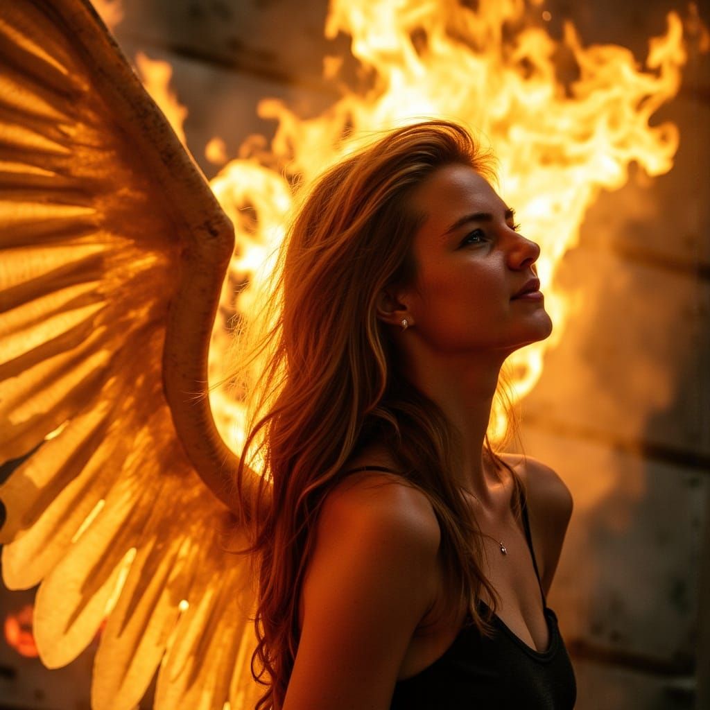 Angelic Woman with Flaming Wings Portrait