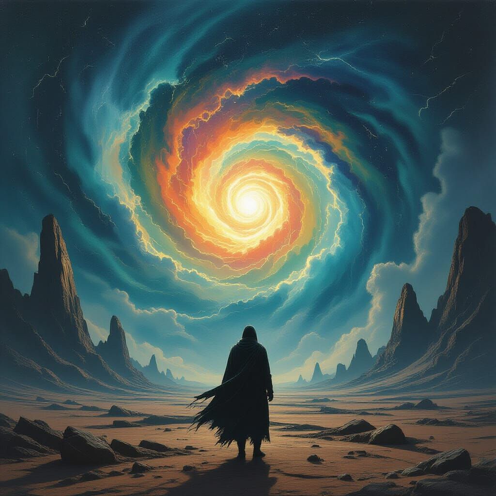 Cosmic Horror: Figure Silhouetted Against Iridescent Vortex