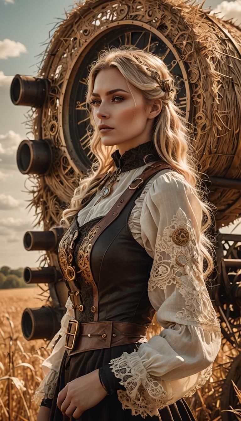 Steampunk Blonde Woman Beside Haystack