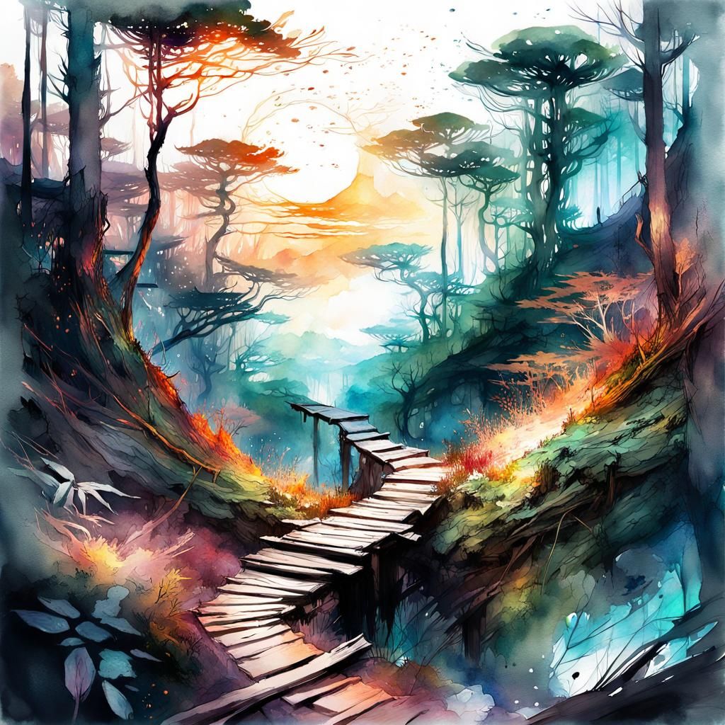 Winding Path Through a Sci-Fi Forest in Watercolor
