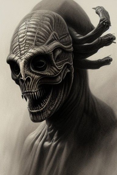 Sinister Alien Mask Portrait in Charcoal Style