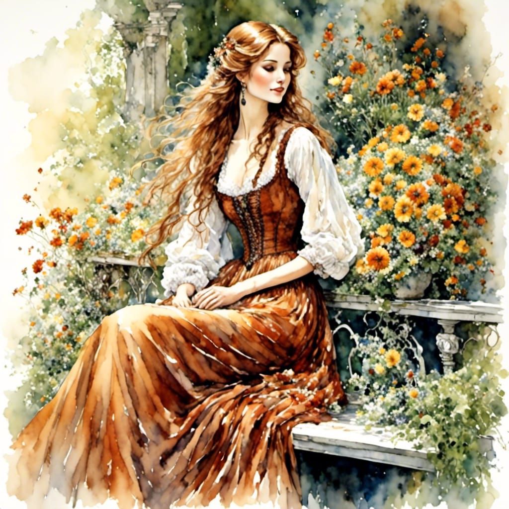 Victorian Lady in Autumn Garden, Gouache and Watercolor
