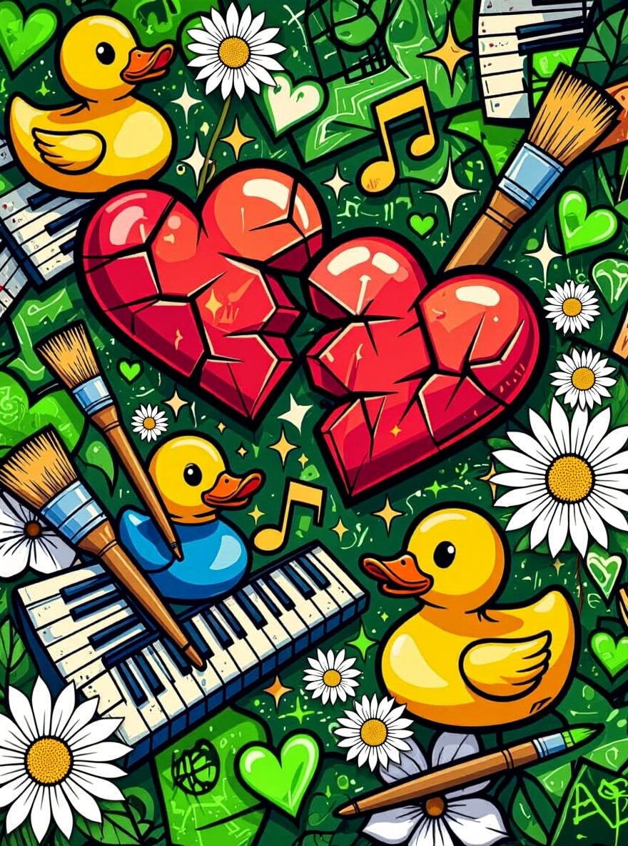 Graffiti Clip Art with Hearts, Ducks, and Art Supplies