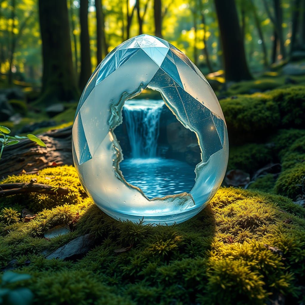 Crystal Egg Reveals Hidden Waterfall Landscape