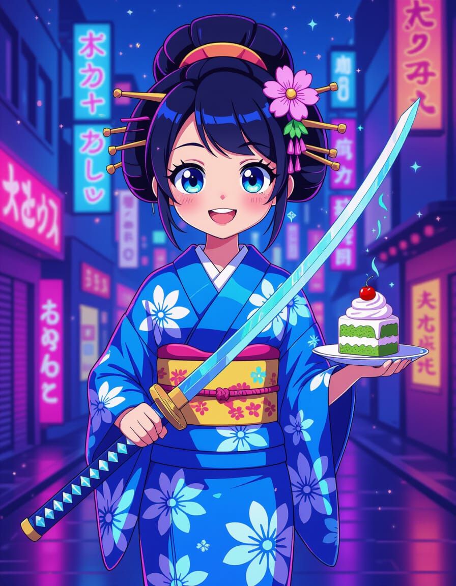 Cartoon Geisha with Energy Katana in Studio Trigger Style