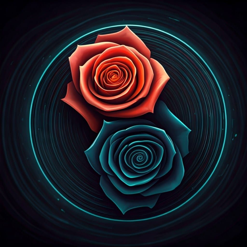 Surreal Yin Yang Roses in Cyberpunk Digital Painting
