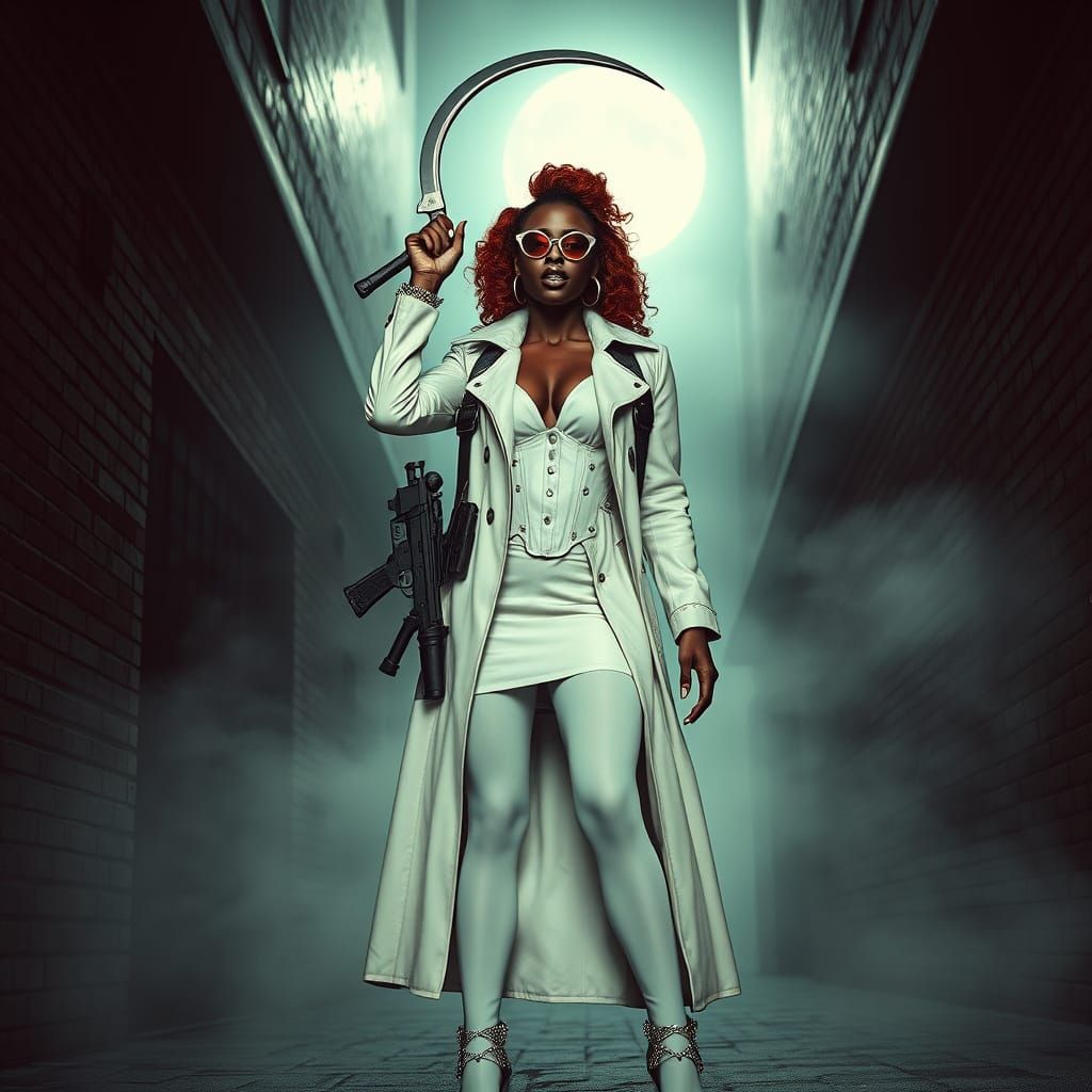 Gothic Vampire Warrior with Scimitar in Noir Alleyway