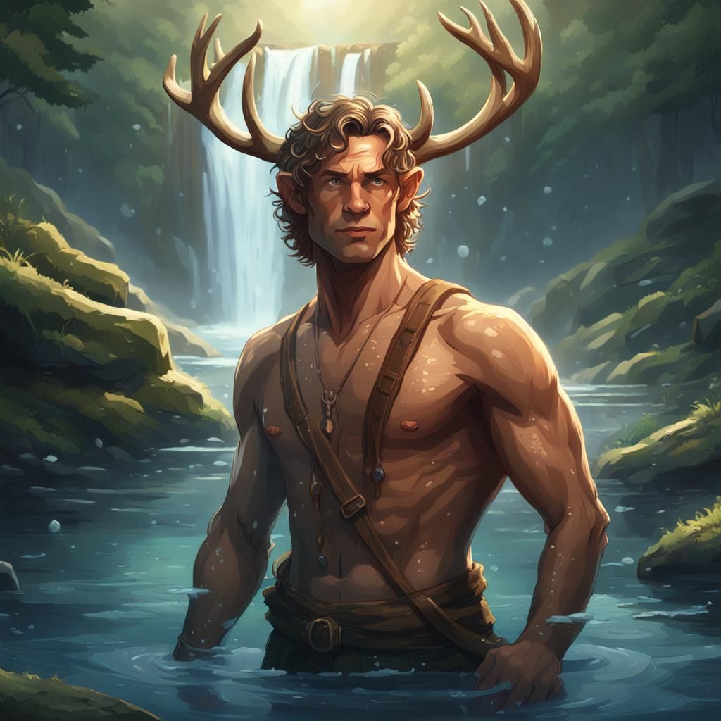 Forest God Portrait with Antlers in Dynamic Lighting
