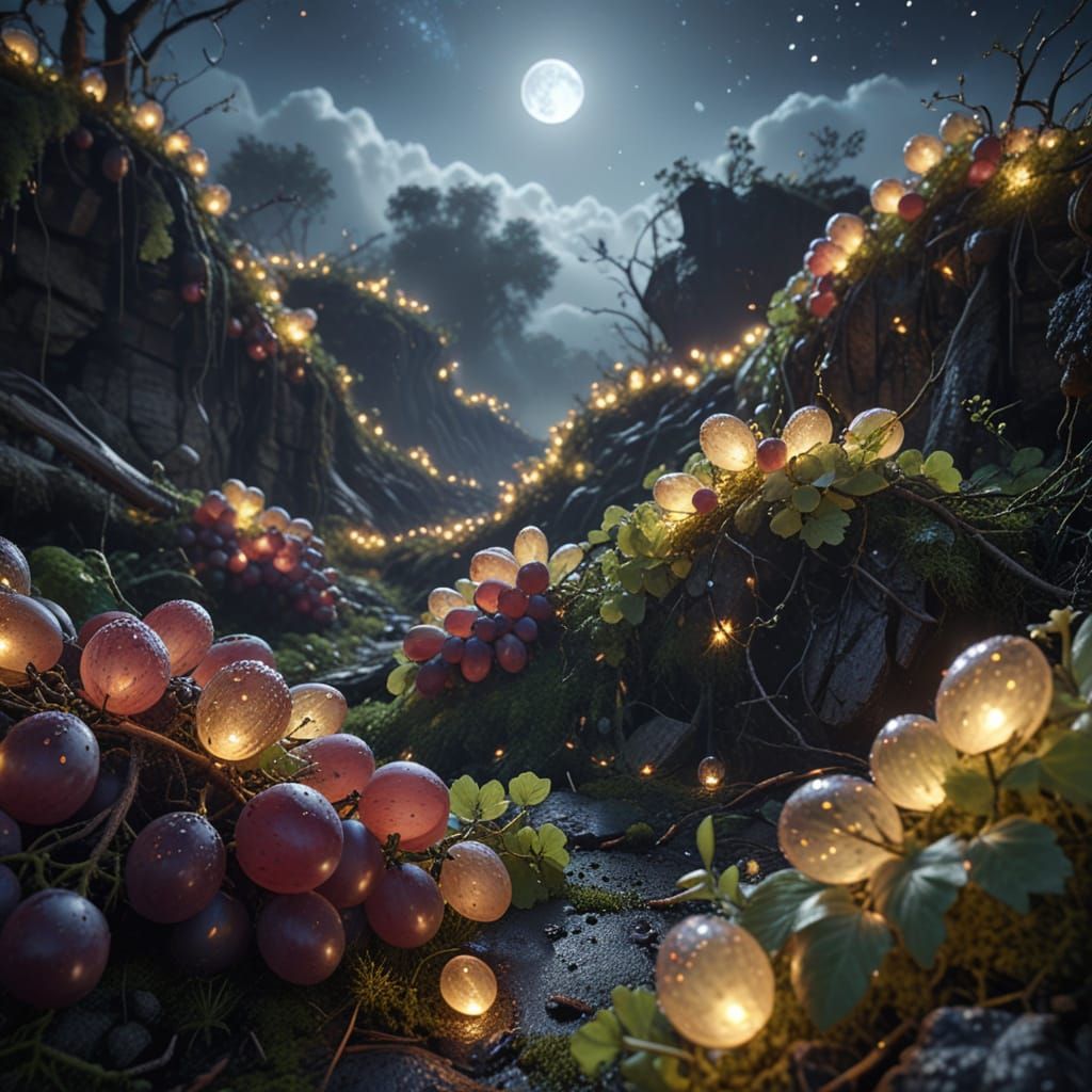 Hikers on Giant Grapes in Dreamlike Fantasy Landscape