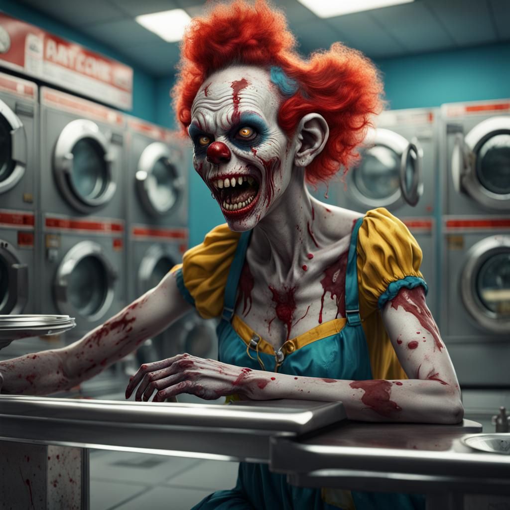 Zombie Monkey Monster Clown Woman at the Laundromat