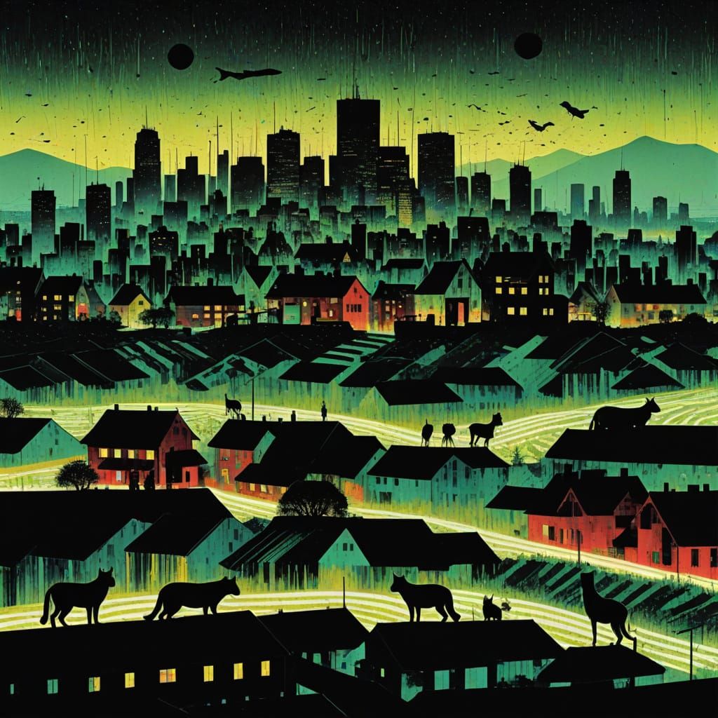 Darkwave Dreamscape with Black Cats and Cityscape