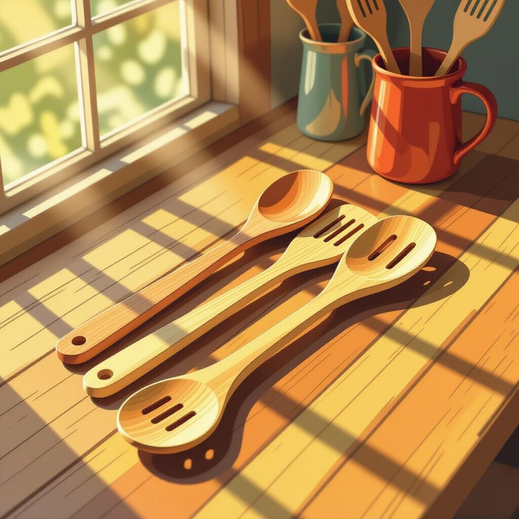 Vibrant Wooden Kitchen Utensils in Geometric Style
