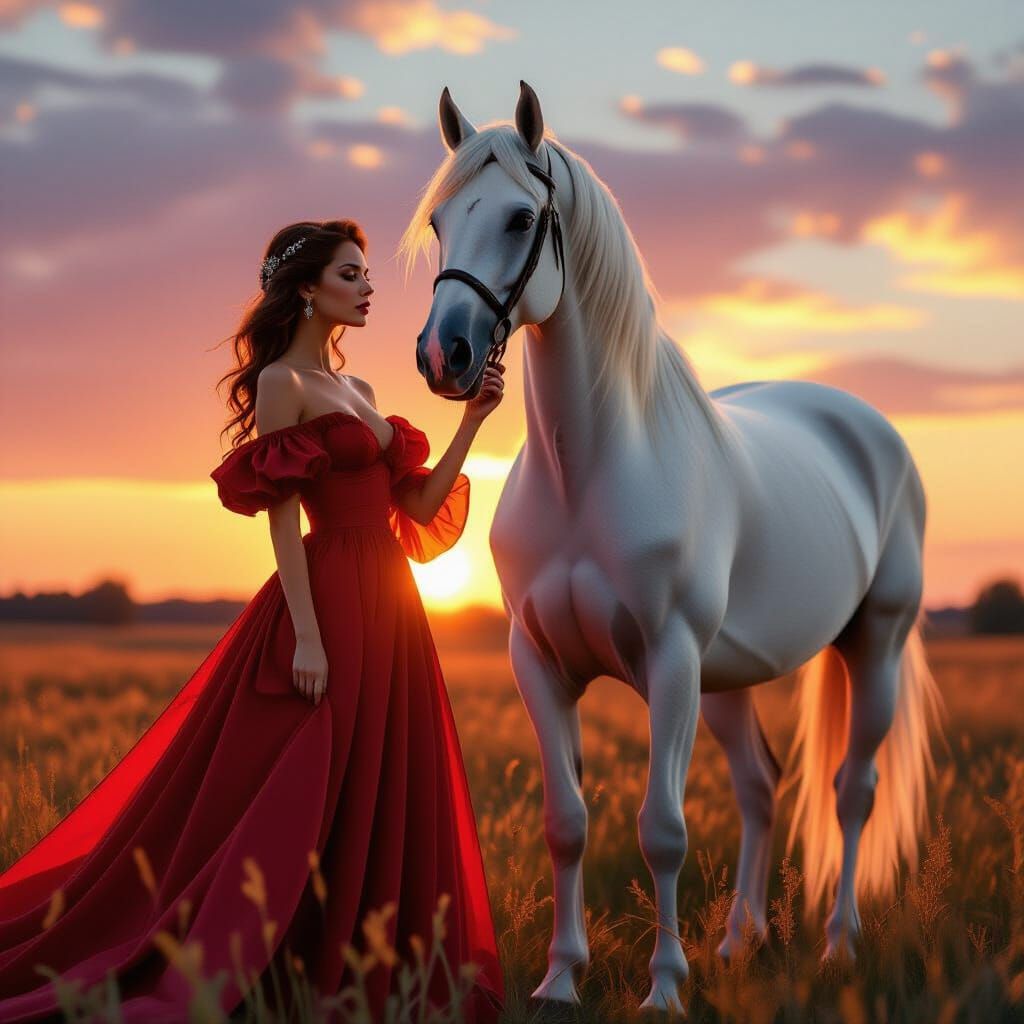 Woman in Red Dress with White Horse at Sunset