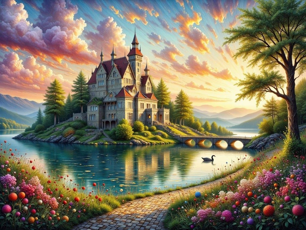 Hyperrealistic Castle Overlooking Shimmering Lake at Golden ...