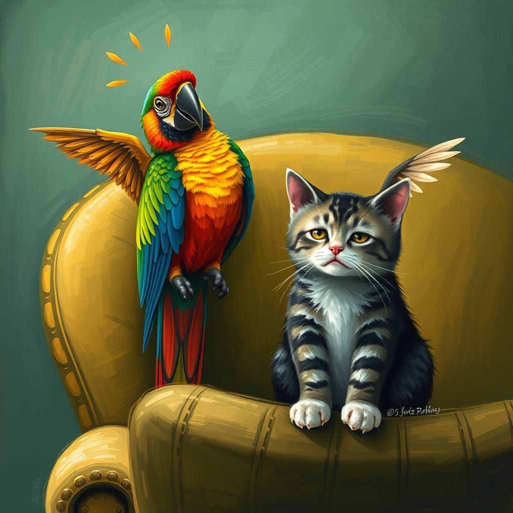 Parrot Taunting Cat in Naive Fauvist Style