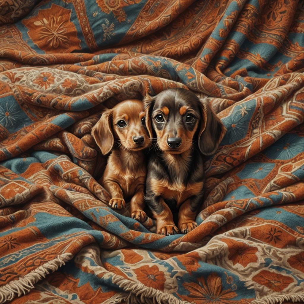 Adorable Dachshund Puppy and Kitten in Hyperrealism