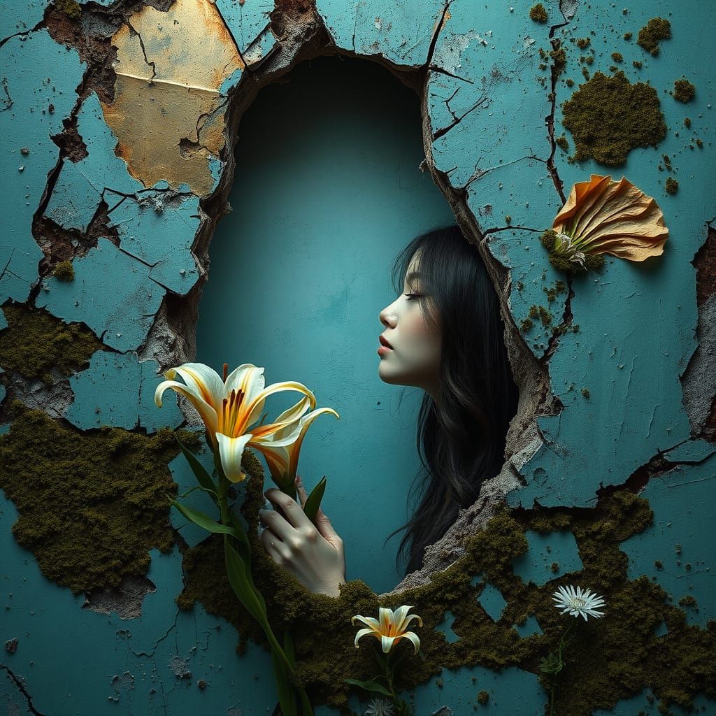Surreal Woman Emerges from Decaying Wall