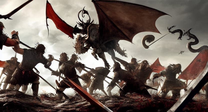 Epic Battle Scene: Knights, Vikings, Dragons, Demons