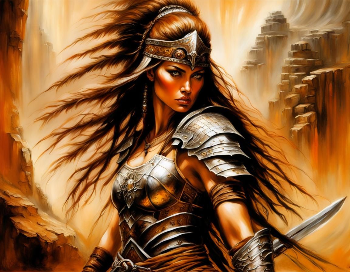 Fierce Warrior Princess Ready for Battle, Oil Painting