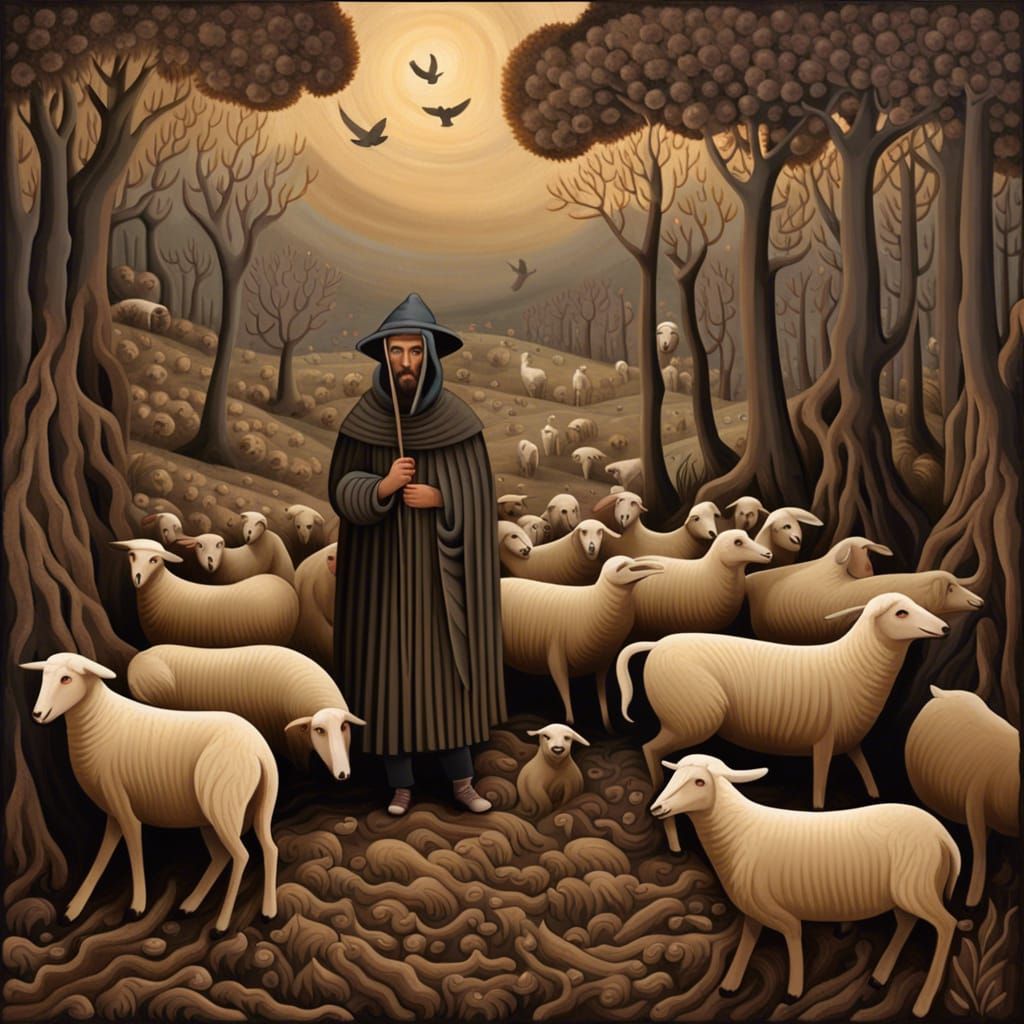 Shepherd and Flock in Woody Landscape