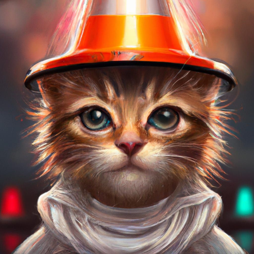 Kitten Portrait with Traffic Cone, Detailed Digital Art