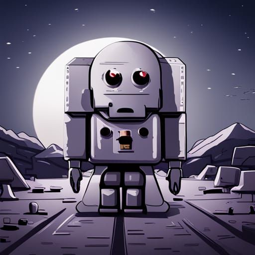 Sad Robot in Spaceship Junkyard with Sign