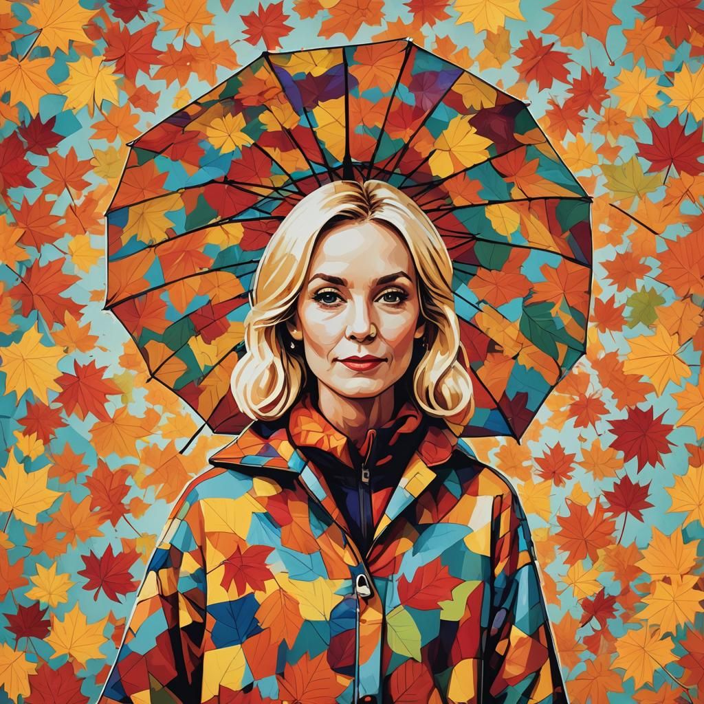 Pop Art Portrait of Woman with Autumn Leaf Umbrella