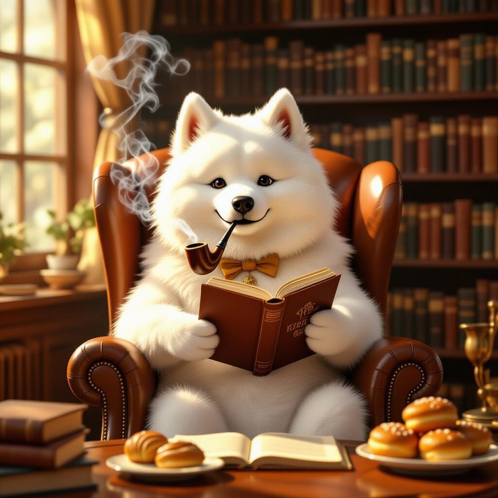 Anthropomorphic Samoyed Reading in Cozy Library