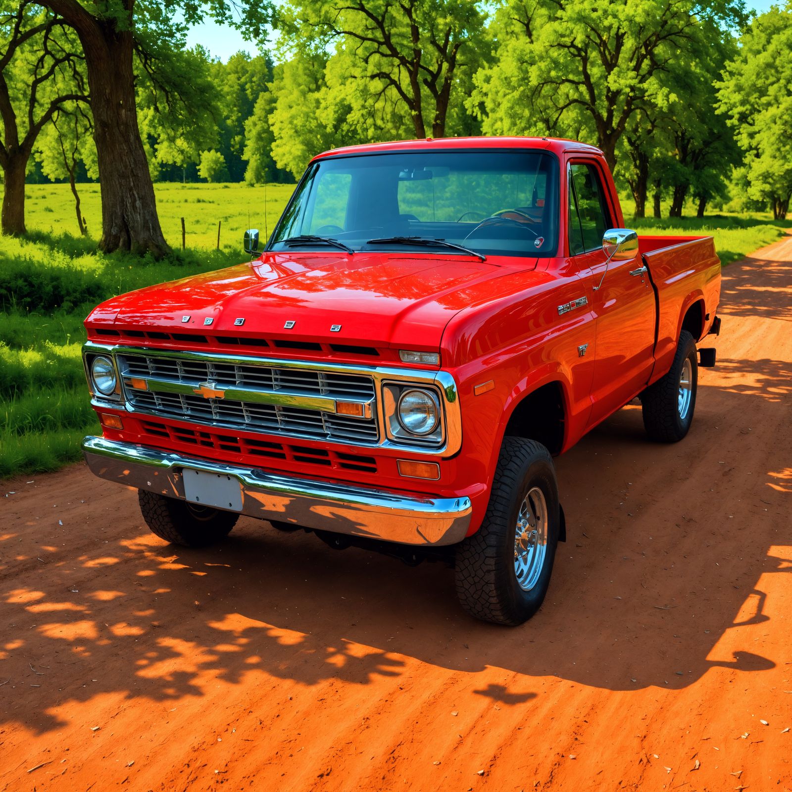 Hyperrealistic Red Pickup Truck in Countryside Landscape