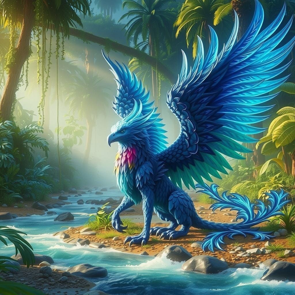 Blue Fire Griffin in Lush Tropical Riverbed