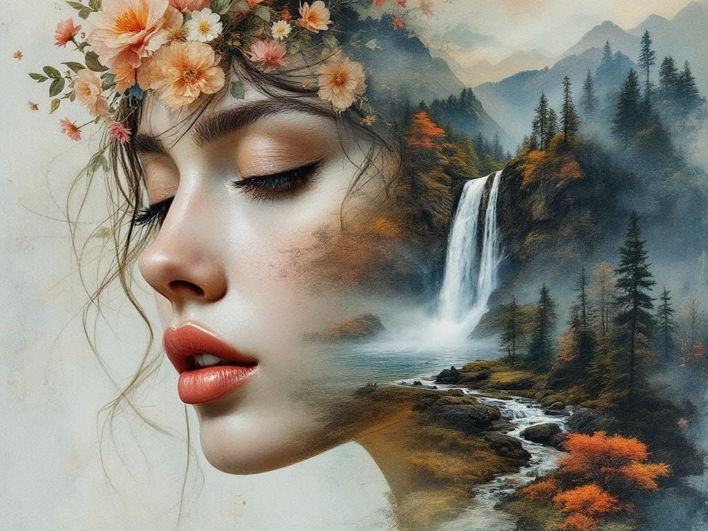 Floral Mountain Portrait as Impasto Gouache Painting