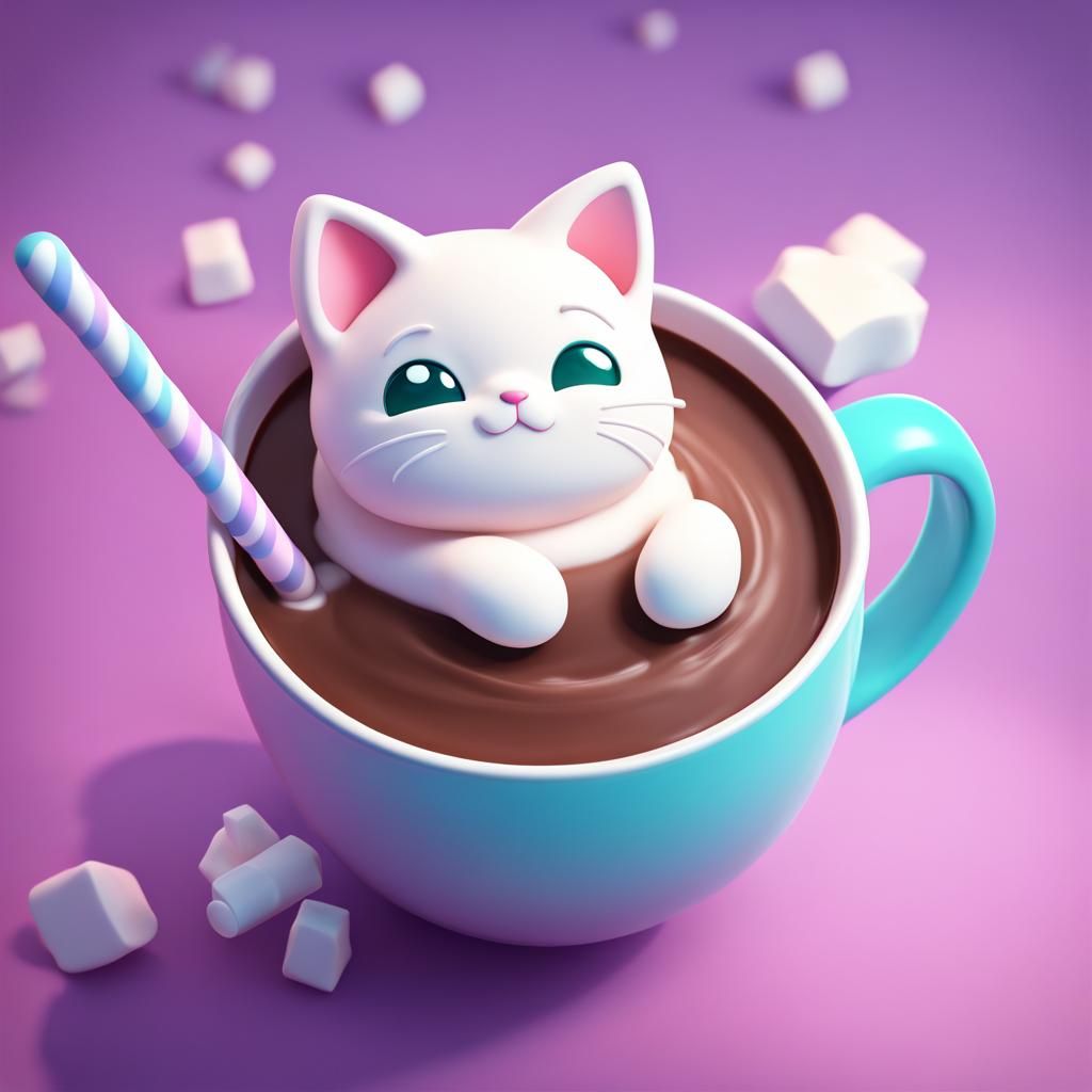 Chibi Marshmallow Cat in Hot Chocolate: 3D Digital Art
