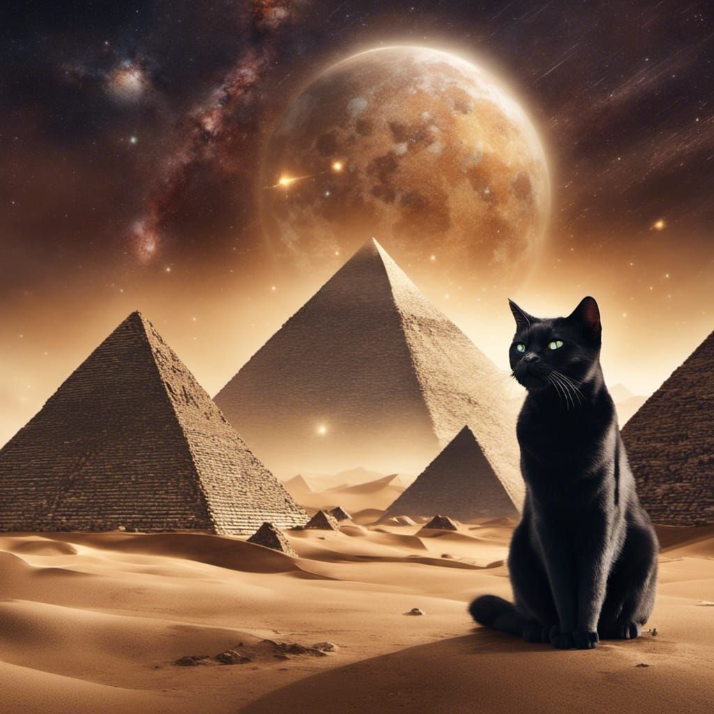 black cat, in the pyramids and the background of the earth and the Milky Way
