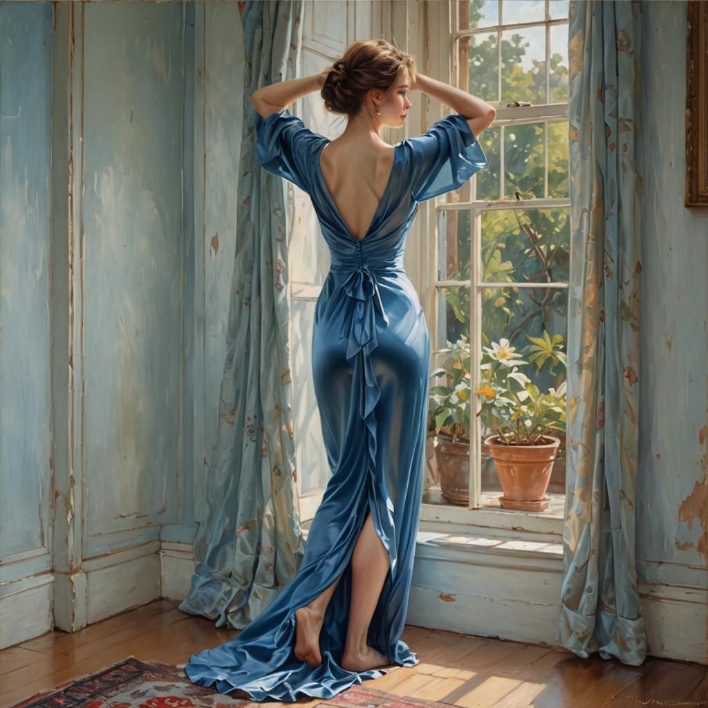 Woman in Blue Silk Dress, Oil Painting