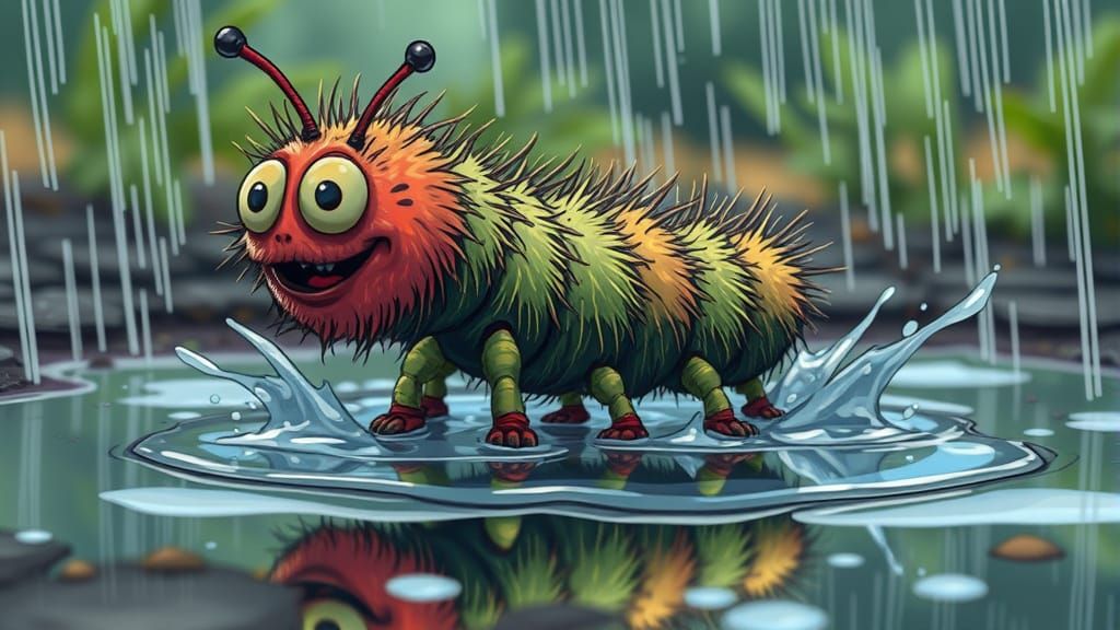Joyful Caterpillar Splashing: Stylized Digital Illustration