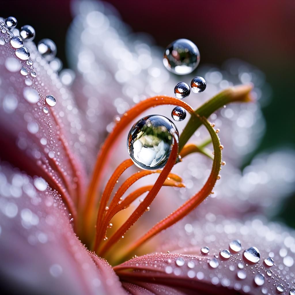 Glistening Dew Drops Reflecting Miniature Worlds