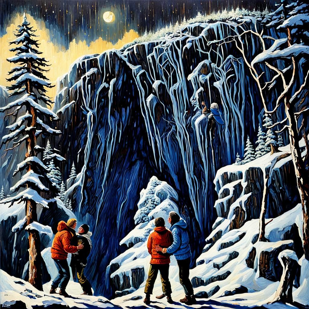 Lovers' Campfire in Snowstorm: Oil Painting